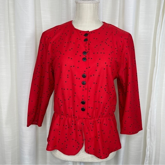 Vintage long sleeve peplum square dots blouse - Picture 1 of 8